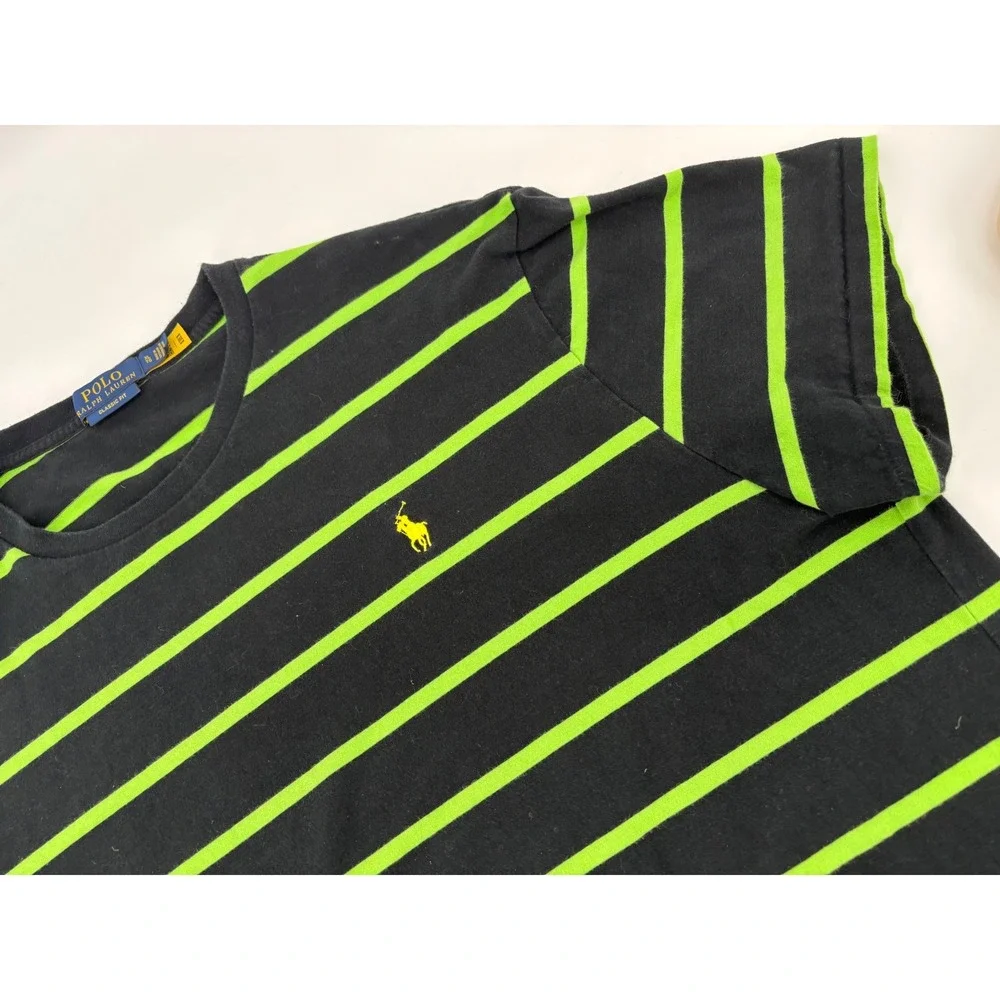 Polo Ralph Lauren Mens XL Classic Fit Striped T-Shirt Black Lime Green Pony Logo